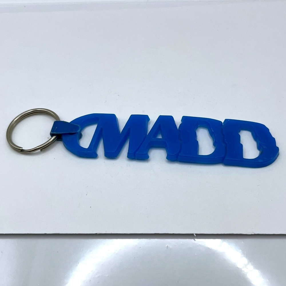 Vintage MADD Keychain Blue Rubber Mothers Against Drunk Driving‎ Awareness Logo